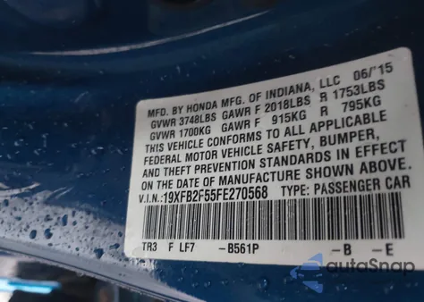 2015 Honda Civic Lx из США, поврежденный, VIN 19XFB2F55FE270568